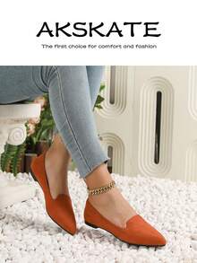 Women's Pointed Toe Flat Shoes, V-Cut Vamp Slip On Casual Dress Flats, Soft Padded Insole Anti-Slip Outsole, Multi Bright & Classic Solid Color Options, Comfortable Everyday Footwear For Office Work Daily Commute Shopping Weekend Outings - 橘色 - 查看 2