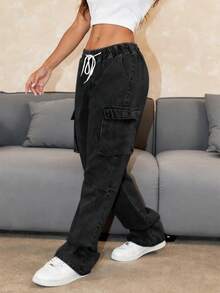 Elastic Waist Drawstring Cargo Denim Pants Casual Spring Black - Black - View 4