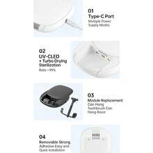 Esterilizador UV montado en la pared sin taladro, soporte para cepillo de dientes con función de secado, estante de almacenamiento de cepillo de dientes para baño, 500mAh - Blanco - Ver 6