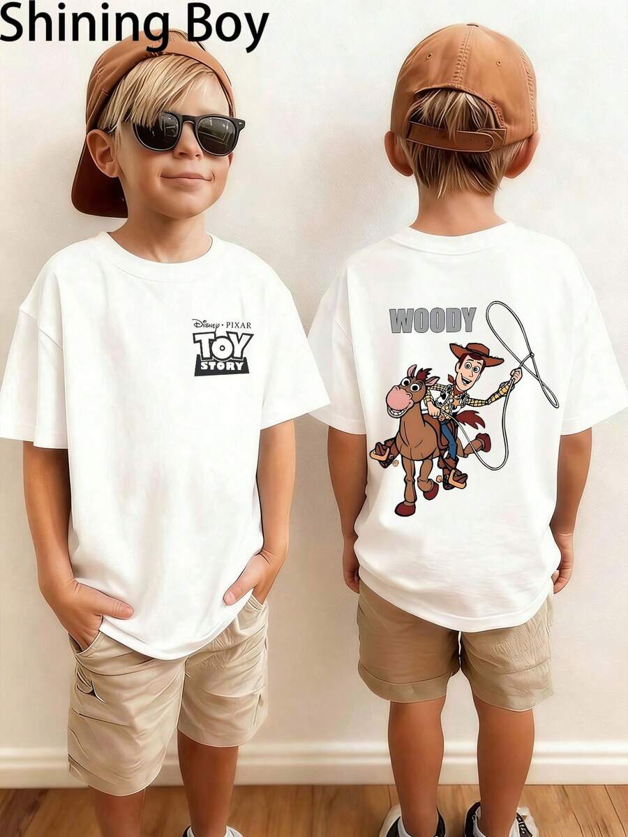 Disney Toy Story Cowboy Sheriff Woody Ride Themed Cartoon Print, Casual And Simple Short Sleeved T-Shirt, Suitable For Spring And Summer Seasons, Suitable For Both Boys And Girls. Festival Gift - trắng - Xem 1
