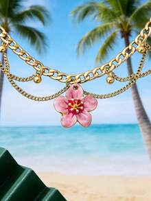 1件装 女士时尚度假风手工扎染渐变流苏珐琅五瓣花吊坠脚链 - 粉色 - 查看 2