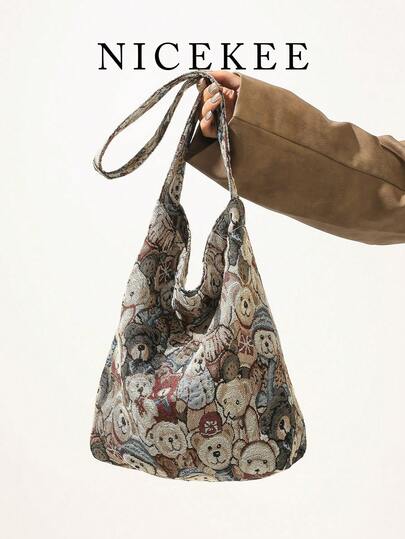 Fashionable Teddy Bear Pattern Casual Shoulder Bag, Simple Large Capacity Retro Cute Armpit Bag, Niche Design, Exquisite Personality, Versatile Crossbody Bag, Suitable For Shopping, Daily Commuting, And Going Out