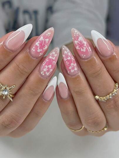 24片柔软优雅的杏仁形白色扎染花朵美甲贴片，适合所有女士/女孩日常佩戴和节日场合，是春夏必备的美甲用品，包含1片果冻胶和1个指甲锉。