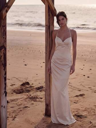 女士优雅露背吊带长裙，梭织面料，正式晚礼服，铅笔裙，无袖派对装