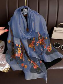 1pc Women's Elegant Hollow Faux Pearl Plaid Pattern Silk Scarf, Printed With Beautiful Flowers, Solid Color Shawl, Casual Headscarf And Neck Scarf, Suitable For Daily Wear And Summer Beach Sun Protection, Perfectly Matches Dresses, Suitable For All Seasons - Multicolor - View 15