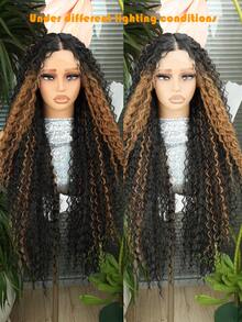 棕色挑染长卷发蕾丝前假发，适合，13*4*1 无胶蕾丝卷发假发，预先拔毛，深波浪蕾丝前假发，非洲蓬松卷曲合成蕾丝假发，32英寸 - 挑染棕色 - 查看 8