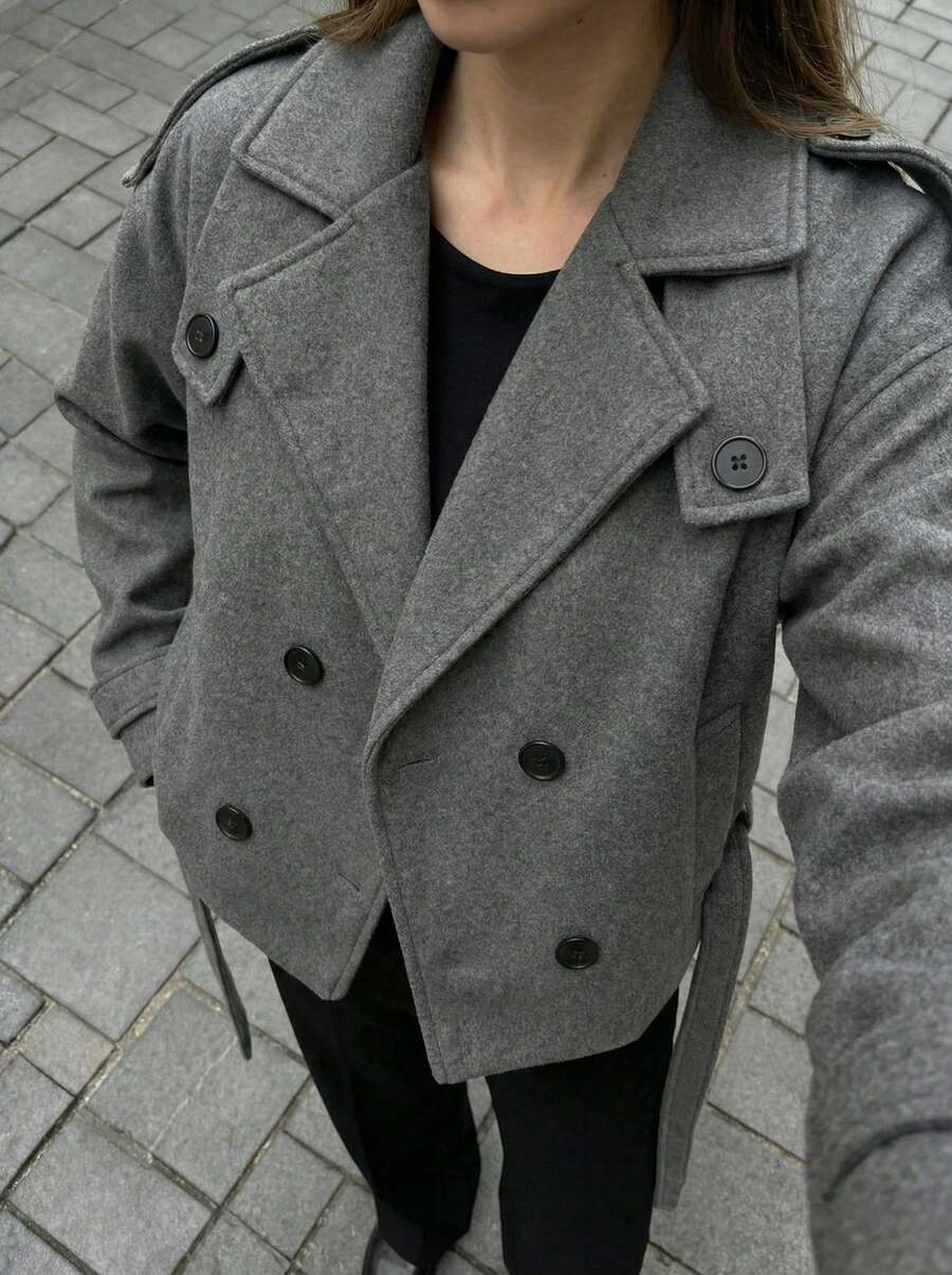 Buzzelle 女士休闲宽松双排扣翻领短外套 - 灰色 - 查看 1