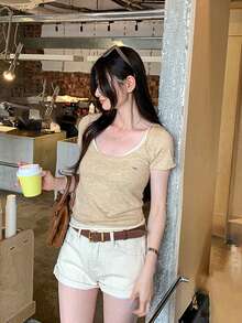 Áo thun len 2 trong 1 cổ chữ U vai thường Sweet & Gentle, mẫu mới về, áo crop top mùa hè phong cách thường ngày - Yến mạch - Xem 2