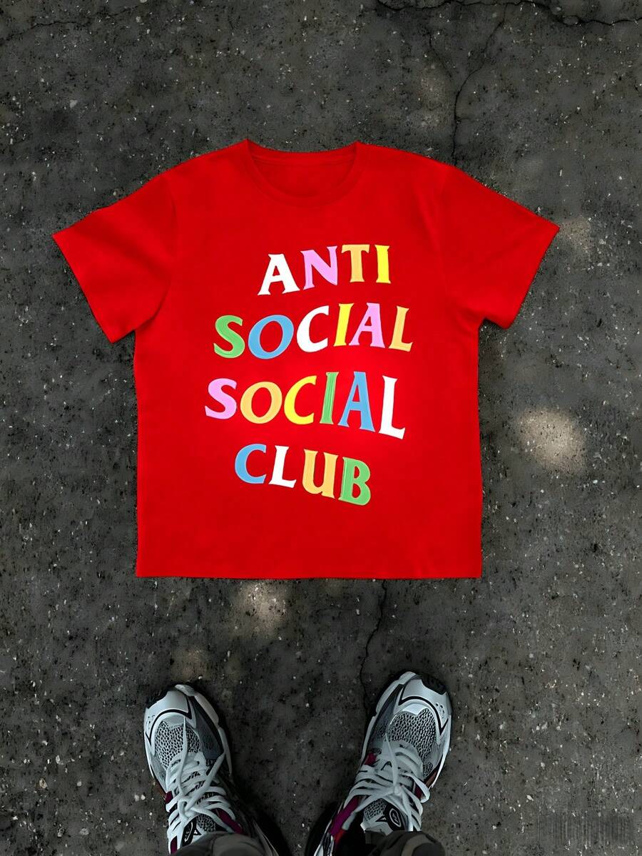 1Pcs Anti Social Club Print Men's T Shirt Streetwear Style 100% Cotton TShirt Men's Summer Casual Tee Gift For Men Anti Social Graphic Tee Minimalist Design - 紅色 - 查看 1