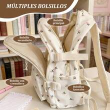 Mochila Escolar Blanca Kawaii con Estampado Rosas y Peluche Oso para Mujer | Tela Duradera, Cremallera Bidireccional, Asidero Ancho, Reforzamiento Triangular, Bolsillos Organizados y Cinturón de Sujeción para Maletas | Ideal para Colegio, Viajes y Usos Cotidianos - Rosas - Ver 8