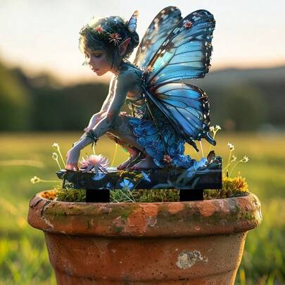 1个2D印花十字纹蝴蝶仙女花园亚克力插杆，防水耐磨亚克力悬挂装饰品