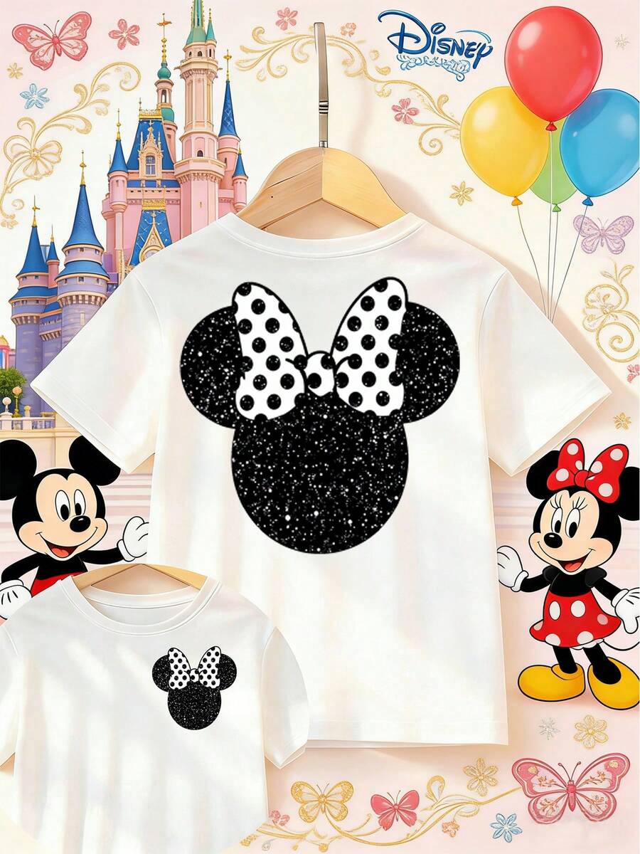 Disney's Big-Headed Minnie Mouse With Black And White Bowknot Double-Sided Printed Girls' T-Shirt - Children's Clothing Design, Short-Sleeved, Casual And Cute Style, Comfortable And Loose Fit, Suitable For Both Boys And Girls, Very Suitable For Parties And Playtime, Machine Washable, Girls' Short-Sleeved Shirt - 白色 - 查看 1