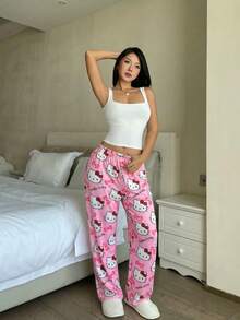 SANRIO 1 chiếc quần dài ống đứng màu hồng mềm mại và dễ thương, in họa tiết hoạt hình, thích hợp mặc nhà cho nữ. - Hồng - Xem 6