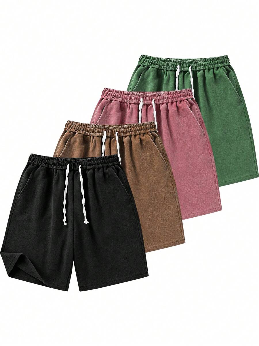 Men's Vintage Washed Shorts, Casual Loose Fit Elastic Waist Drawstring Shorts With Side Pockets, Streetwear Fashion For Summer - màu đen - Xem 1