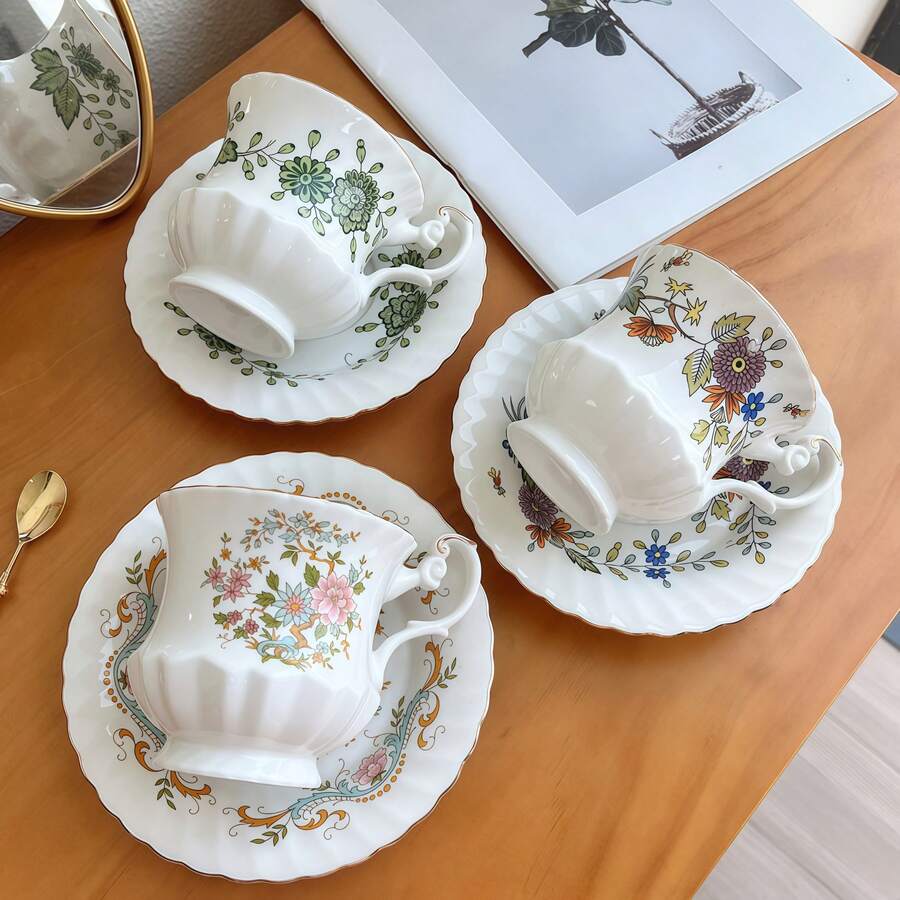 French Blue & Gold Rim Coffee Cup & Saucer Set, High-End Floral Pattern, Elegant Afternoon Tea Ceramic Cup & Saucer Set - Multicolor - View 1