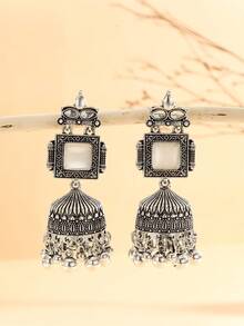 一对休闲吉姆卡耳环，优雅波西米亚风格，镶嵌水钻铃铛和仿珍珠流苏耳环，适合女性和女孩日常佩戴，也适合节日、婚礼和派对/珠宝礼品 - 經典的 - 查看 3