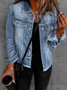 Women's Distressed Washed Denim Jacket, Autumn Casual Spring - Light Wash - View 1