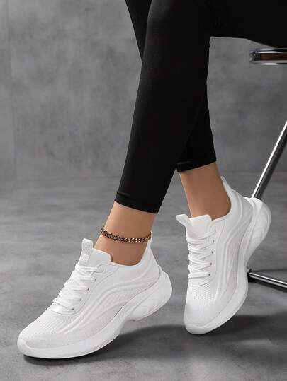  SOSENFER Women'S Fashionable Solid Color Lace-Up Sneakers - Breathable Mesh Upper, Comfortable MD Sole, Soft Low-Top Casual Sports Shoes With Plain Toe Design, All-Season Wear, Casual Sports Shoes | Stylish Laceup Shoes | Comfortable Footwea