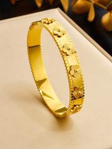 RAYQUEEN Bộ trang sức vòng tay bằng thép không gỉ thời trang, đa năng, khắc số La Mã và hình hoa năm cánh, thích hợp làm quà tặng dịp lễ. - Vàng - Xem 5