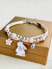 1pc Cute Rabbit Bracelet, Delicate Flower Rabbit Pendant Beaded Bracelet, Party Jewelry Gift For Teens, Girls Accessories - Style 1 - View 3