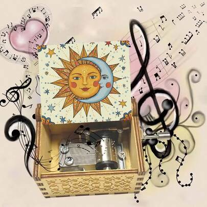 Vintage Sun & Moon Hand Crank Music Box | "You Are My Sunshine" Melody | Engraved Wooden | No Battery | Perfect Gift For Dreamers & Celestial Enthusiasts