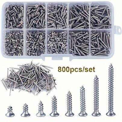 800pcs Self-Tapping Wood Screw Set, M2 Cross Flat Head Thin Plate Screws, Self-Tapping Screw Tool Kit