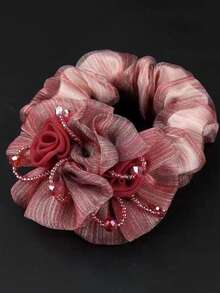 1 unidade de elástico de cabelo floral, elegante faixa elástica de cabelo em tule com flor, acessório de cabelo para o verão, disponível em várias cores, material leve, design exclusivo com flor dupla, moderno e de alta qualidade, também pode ser usado como decoração de mão. - Multicolorido - Ver 7
