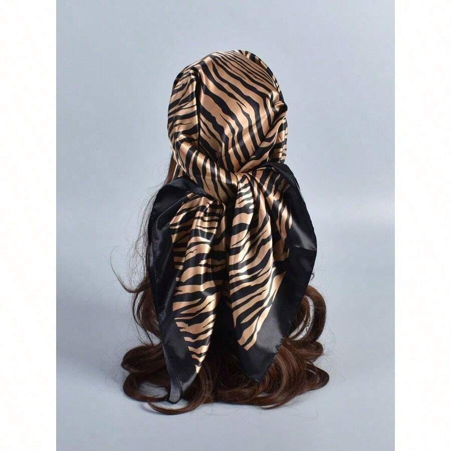 1pc Zebra Striped Print Bandana Women Big Square Scarf Bandana,Hair Band,Head Band Ideal For Dressing Up Your Look - 咖啡棕 - 查看 1