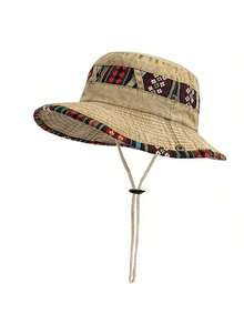 Boho Unisex Summer Outdoor Leisure Sun Hat Cowboy Anti-UV Fishing Cap For Men With Wide Brim (Button Placement And Fabric Pattern Random) - A Navy Blue - View 8