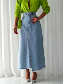 Asymmetric Hem Loose Pockets Patchwork Frayed Hem Casual Denim Midi Skirt Spring - Light Wash - View 4