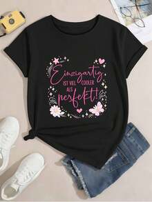 Camiseta de m u jer única con estampado moderno, algodón de primera calidad, ajuste cómodo, diseño gráfico informal. - Negro - Ver 2