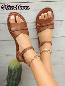 Women's Woven Strap Backstrap Flat Sandals, Bohemian Style Suitable For Daily Commute, Weekend Outing, Gathering With Friends, Vacation, Shopping - White Woven Strap Backstrap Flat Sandals, Black Woven Strap Backstrap Flat Sandals, Dark Brown Woven Strap Backstrap Flat Sandals, Light Brown Woven Strap Backstrap Flat Sandals - Brown - View 7