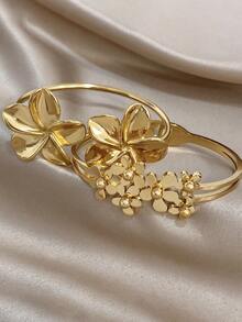 18K Gold Plated Stainless Steel Vintage Elegant Flower Open Bangle Bracelet Set, Women's Bangles, For Women Ladies, Gifts For Mom, For Daily Wear, Weddings, Gala, Suitable For Daily Life, Parties, Dates, Beach, Mother's Day Gift, Valentine's Day Gifts, Spring, Wedding Supplies, Summer Accessories - Multicolor - View 5