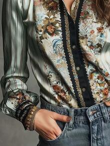 Women's Striped Floral Print Casual Vacation Commute Shirt, Summer Winter - Green - View 3