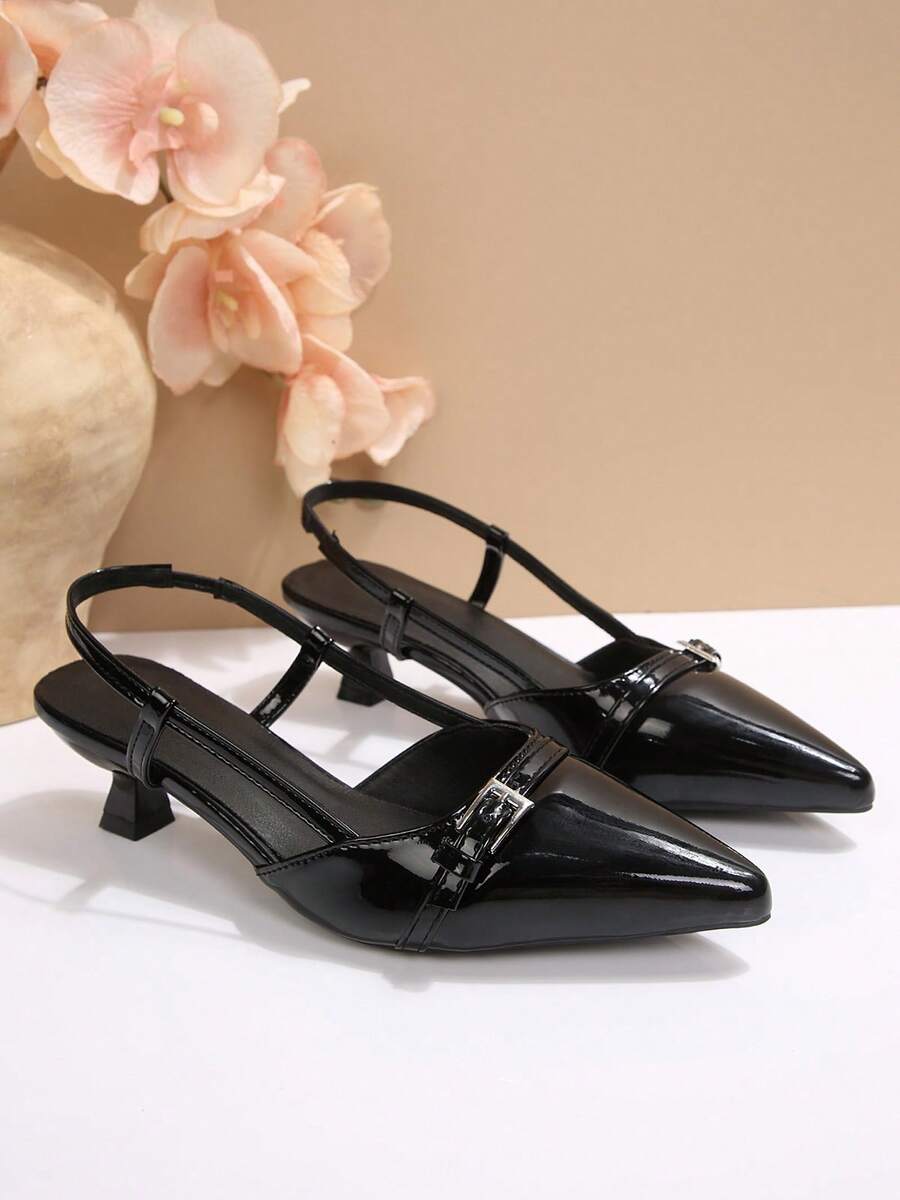 Women's Wedding Dress Pumps Kitten Heels Pointed Toe Slingback Heels Closed Toe Low Heel With Buckles Sandals Shoes Heels - 黑色 - 查看 1