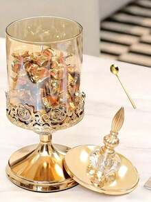 1pc Luxury Glass Candy Storage Jar, European Style, Kitchen Living Room Wedding Decor Container, Suitable For Nuts, Snacks, Fruits And Other Home Food Storage, Airtight Food Dispenser Display Jar - Gold - View 4