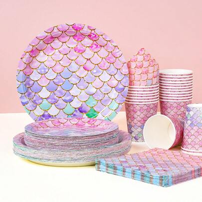 Bộ đồ dùng ăn uống dùng một lần họa tiết vảy cá nhiều màu sắc, đĩa tiệc 7/9 inch, đĩa giấy dùng một lần, khăn ăn, cốc, thích hợp cho các dịp lễ, đám cưới, lễ đính hôn, sinh nhật, tiệc tùng, lễ kỷ niệm.