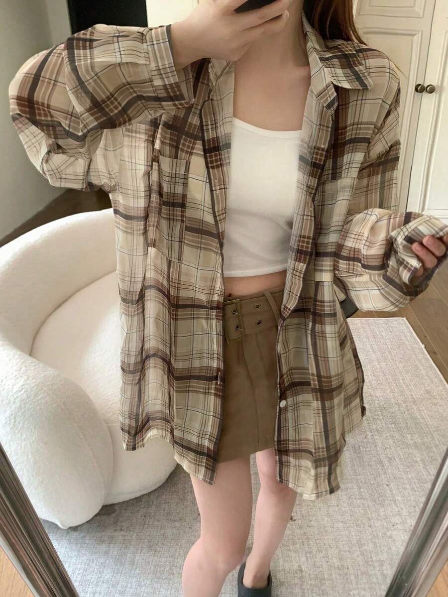 女士格子落肩长袖单排扣休闲衬衫，随机面料拼接，夏季款 - 杏色 - 查看 1
