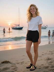 女士新款方头人字拖，时尚百搭凉鞋，休闲厚底平底金色塑料扣独特夏季拖鞋 - 黑色 - 查看 10