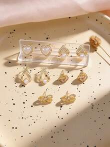 10pcs Chic Bow Knot Pearl Drop Earrings With Crystal Accents, Dainty Everyday Jewelry For Office Ladies And Date Night Outfits - Multicolor - View 7