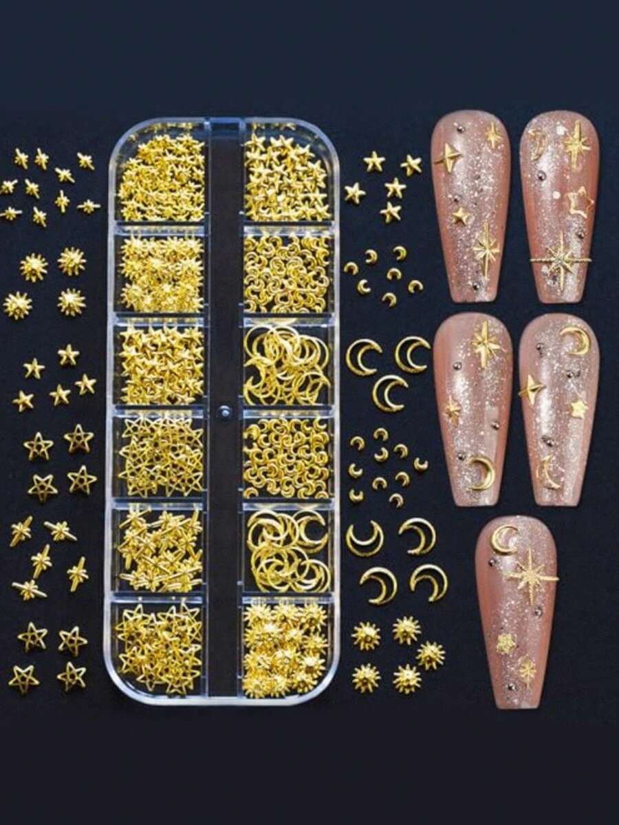 12-Panel Gold Moon & Star Metal Nail Art Accessories 3D Y2K Jewelry Crystal Steel Bead Nail Decor Nail Art Supplies DIY Nail Art Gems Nail Art Products Nails - Gold - View 1