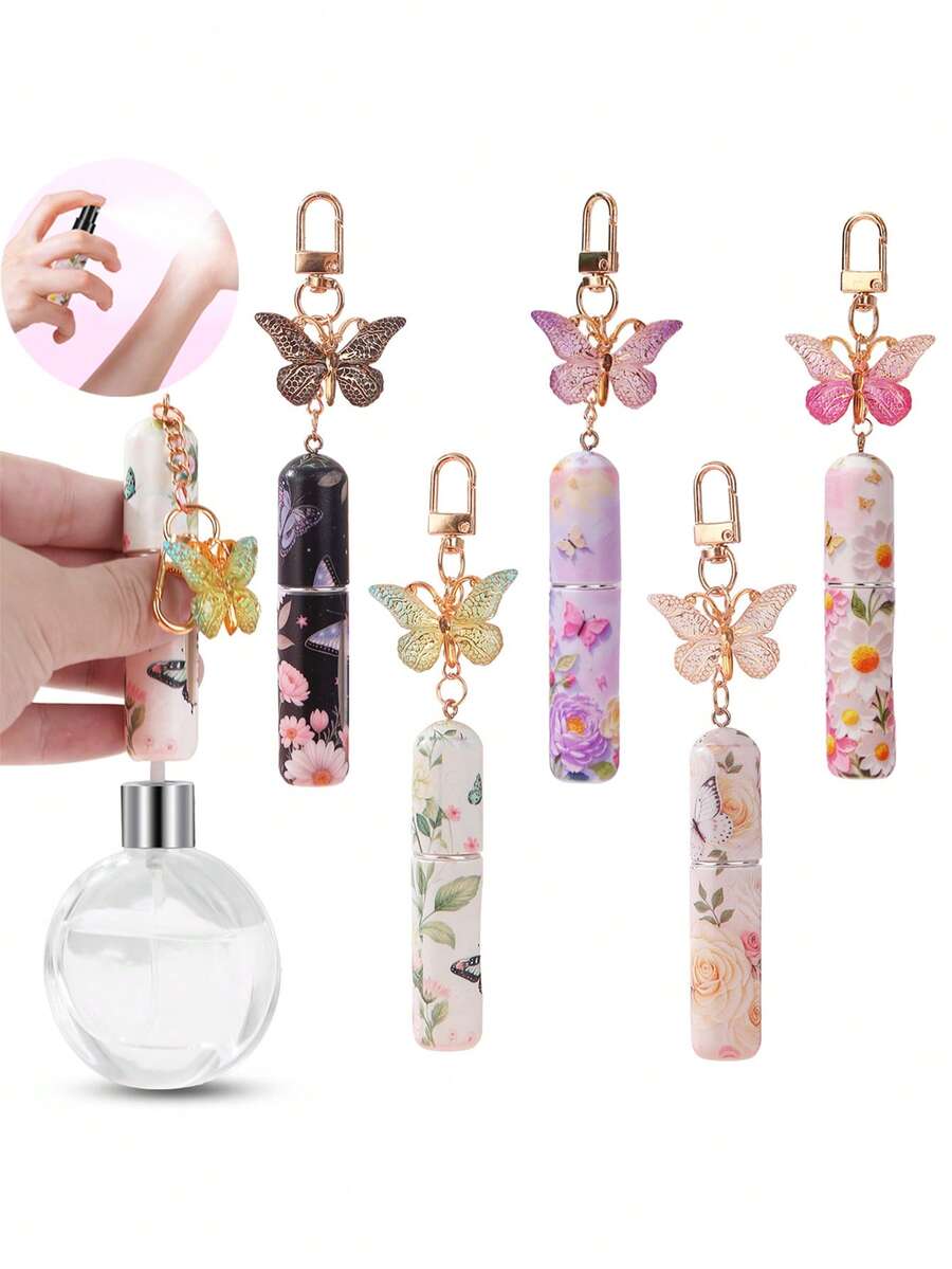 Bộ 5 chai xịt nước hoa mini in họa tiết hoa kèm móc khóa hình bướm 3D, chai xịt cầm tay có thể nạp lại tiện dụng khi đi du lịch, mặt dây chuyền hình bướm thanh lịch và hộp đựng nước hoa.