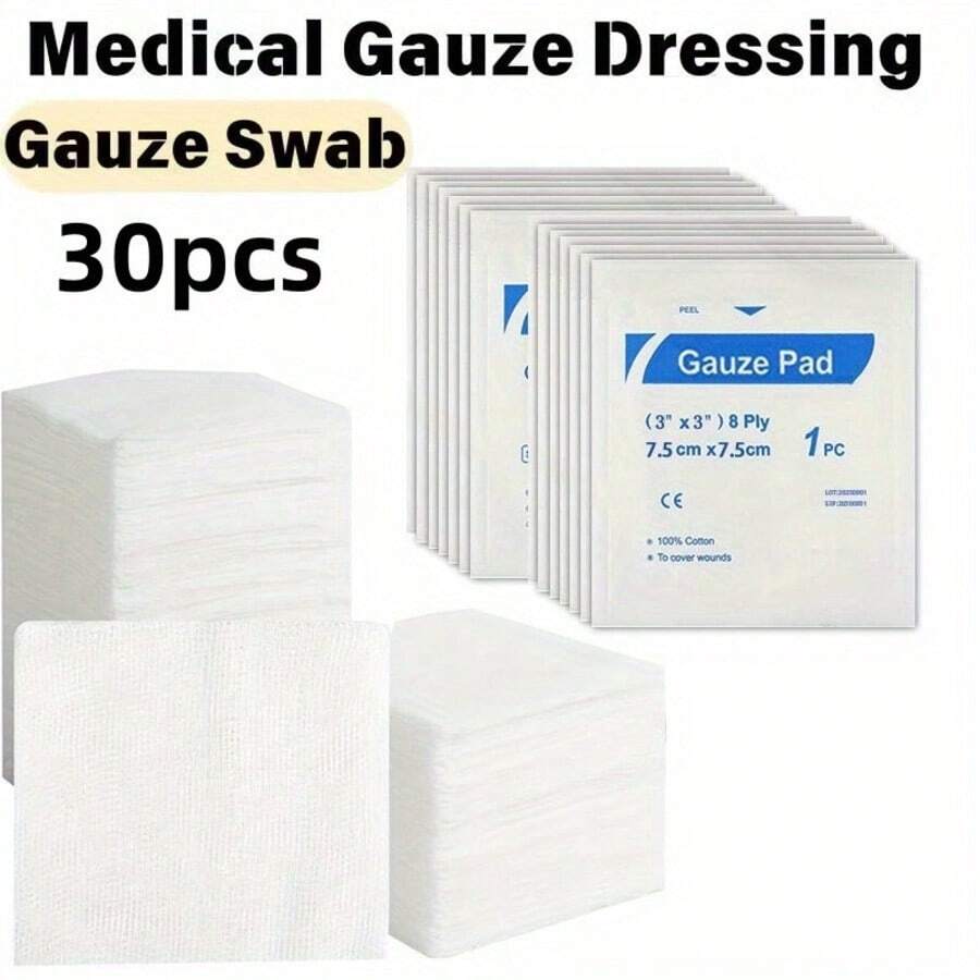 30 pezzi Garze 7,62x7,62cm, confezionate singolarmente, adatte per medicazioni, altamente assorbenti, in morbido tessuto non tessuto, confezione piccola e portatile, utilizzabili come ricarica per kit di pronto soccorso - Visualizzare 1