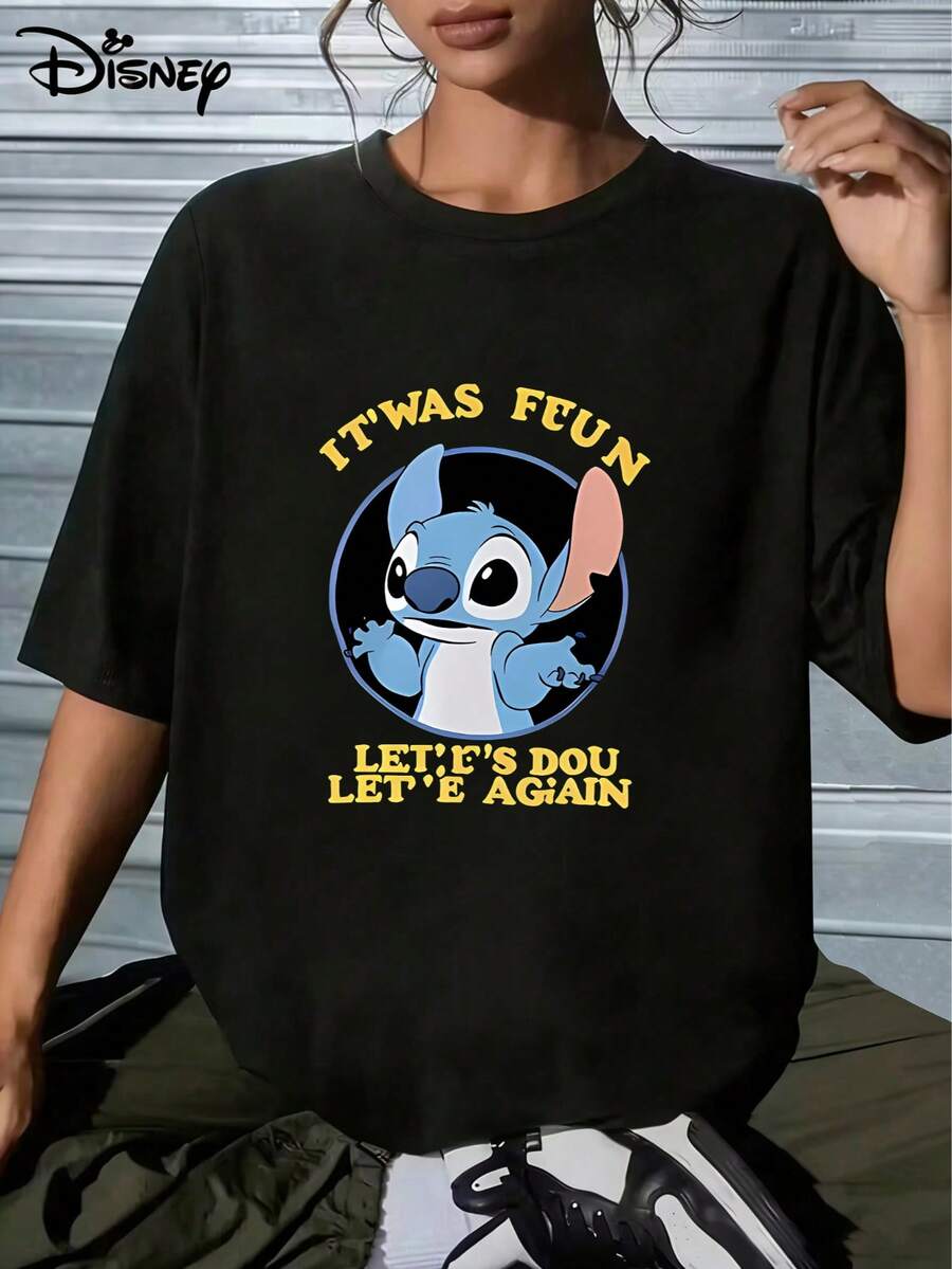 Disney Lilo & Stitch Playful Stitch Graphic Tee, Soft Cotton, Breathable, Unisex Casual Pullover T-Shirt For SummerMade From Soft, Comfortable, And Durable Pure Cotton, This Is An Ideal Choice For Spring And Summer. This Crew Neck T-Shirt Is Suitable For Various Occasions, Including Everyday Wear, Shopping, Parties, Travel, And Gatherings, And Also Makes A Thoughtful Gift. - Black - View 1