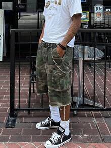 Y2K Summer Straight Leg Versatile Camouflage Denim FittedBermuda Shorts, Fashionable Casual Personalized Streetwear Youth Sports Preppy Style, Suitable For Daily Commute Home Leisure Outdoor Activities Friend Gatherings, Actual Size Runs Small - Army Green - View 3