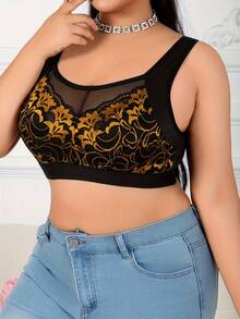 Gold Leaf Lace Patchwork Plus Size Wireless Bra, Soft And Skin-Friendly Fabric - Gold - View 4