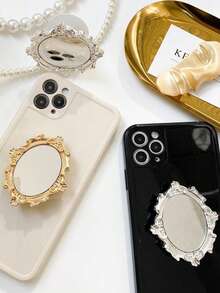 复古图案镜面创意手机气垫支架，可折叠粘胶桌面圆形镜面支架，完美手机礼物，万圣节礼物，圣诞节礼物，适用于、安卓手机，生日礼物，送给家人和朋友的礼物，滑动式手机支架，手机配件 - 多色 - 查看 5