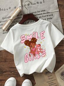 Baby Girls Cute Bear Graphic Print Round Neck Short Sleeve Casual White Top - White - View 2