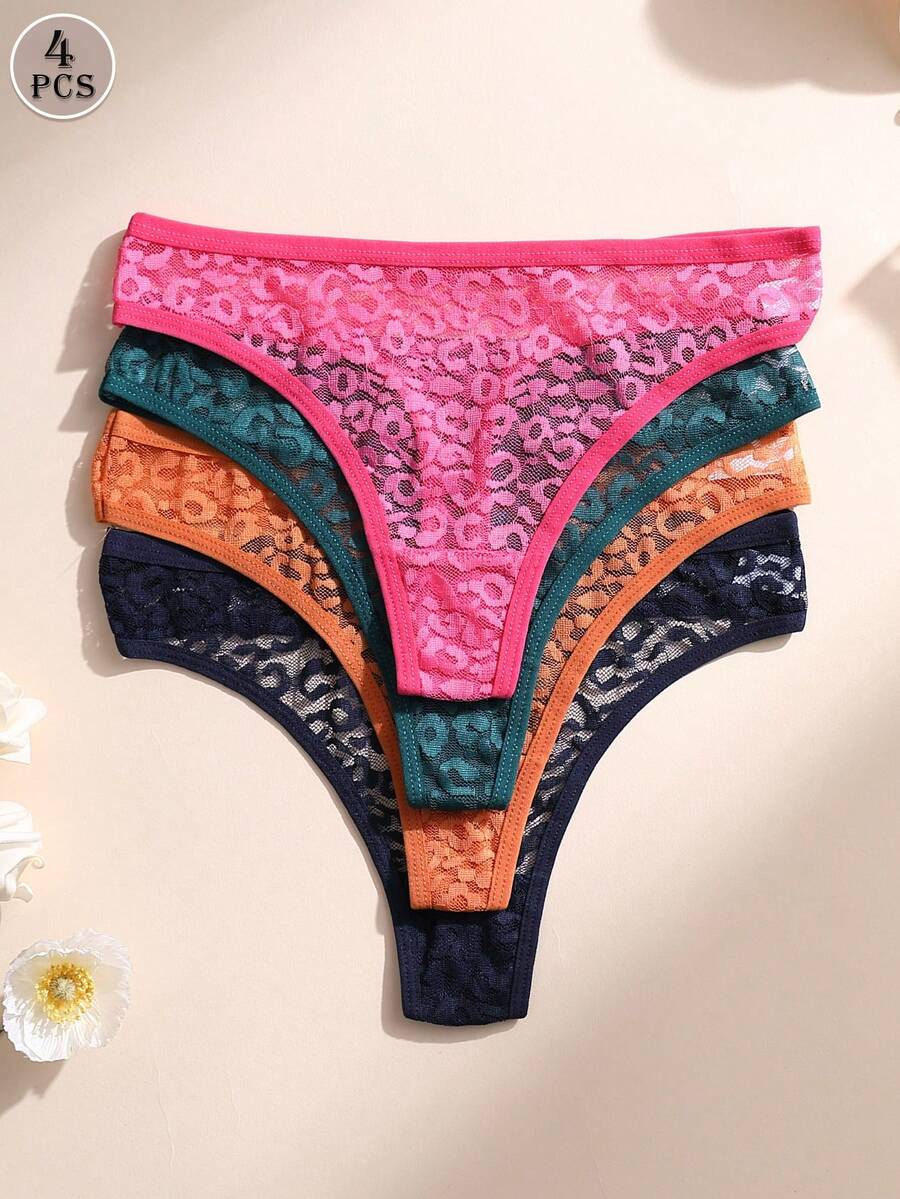4pcs Women's Sexy Lace Leopard Print Seamless Low-Rise Panties