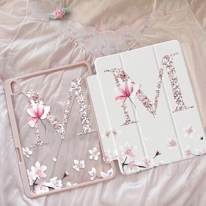 A Cute Cartoon Floral & Letter Pattern Acrylic Transparent Crystal Back Cover, Shock-Proof, Suitable For IPad 7th, 8th, 10th Gen (10.2 Inch), Built-In Pencil Slot, Sleep/Wake Function, Ideal Gift